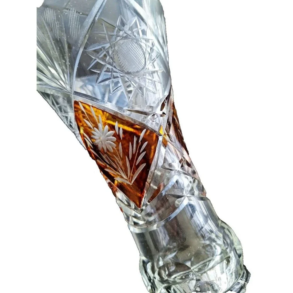 Vintage Amber Cut to Clear Crystal Footed Vase Engraved Floral Bohemian 6.5